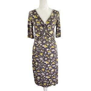 Boden US 4R UK 8R Dress Short Sleeve V-neck Grey Floral Lyocell Ruched Bodice